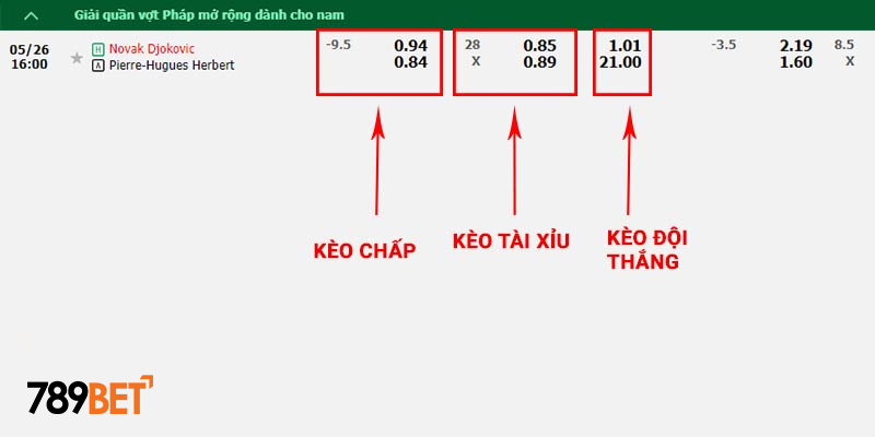 Ví dụ bảng kèo cá cược toàn trận trong một cặp đấu tennis